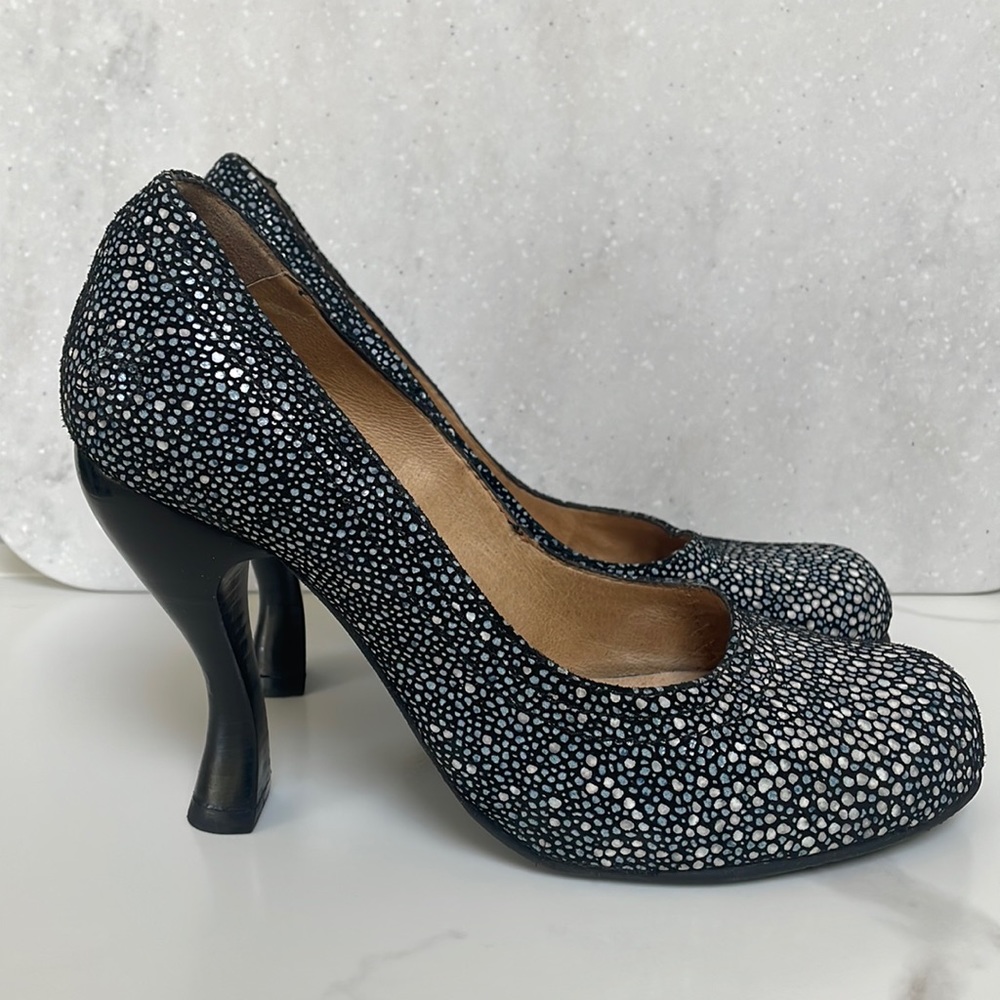 John Fluevog Black and White Speckled Heels